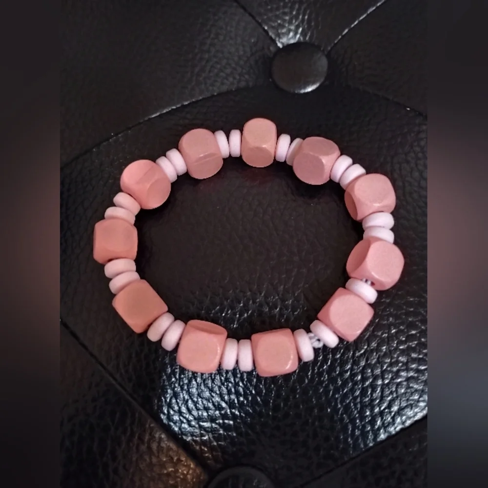 Pink Wooden & Clay Beaded Bracelet Mix Media Stretchy String